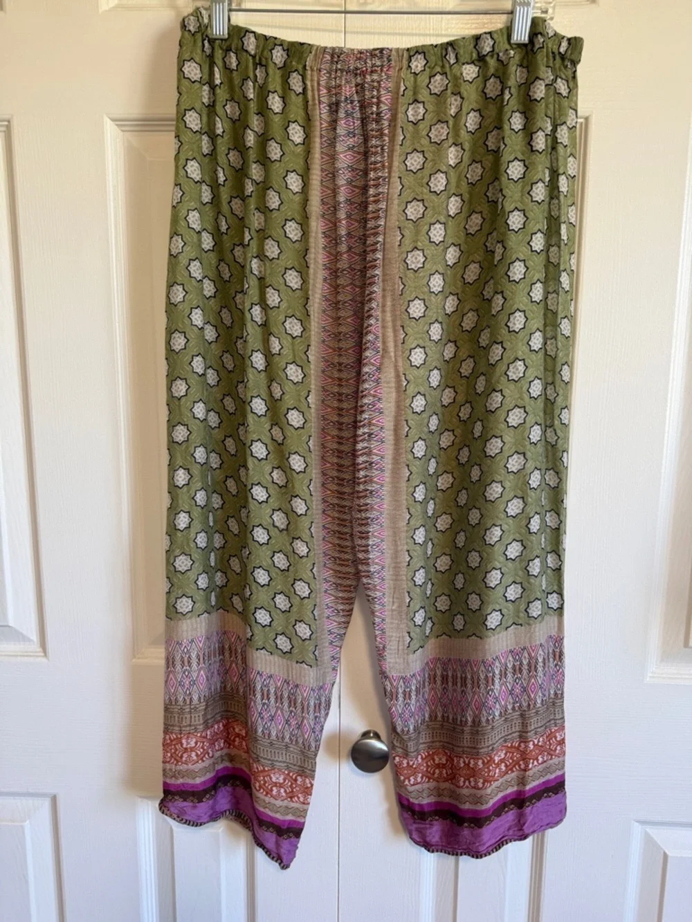 One Hundred Stars Boho Olive & Multi Print Wide-Leg 100% silk Pants. L - Picture 6 of 7